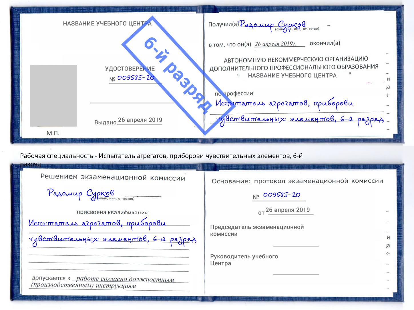 корочка 6-й разряд Испытатель агрегатов, приборови чувствительных элементов Краснотурьинск