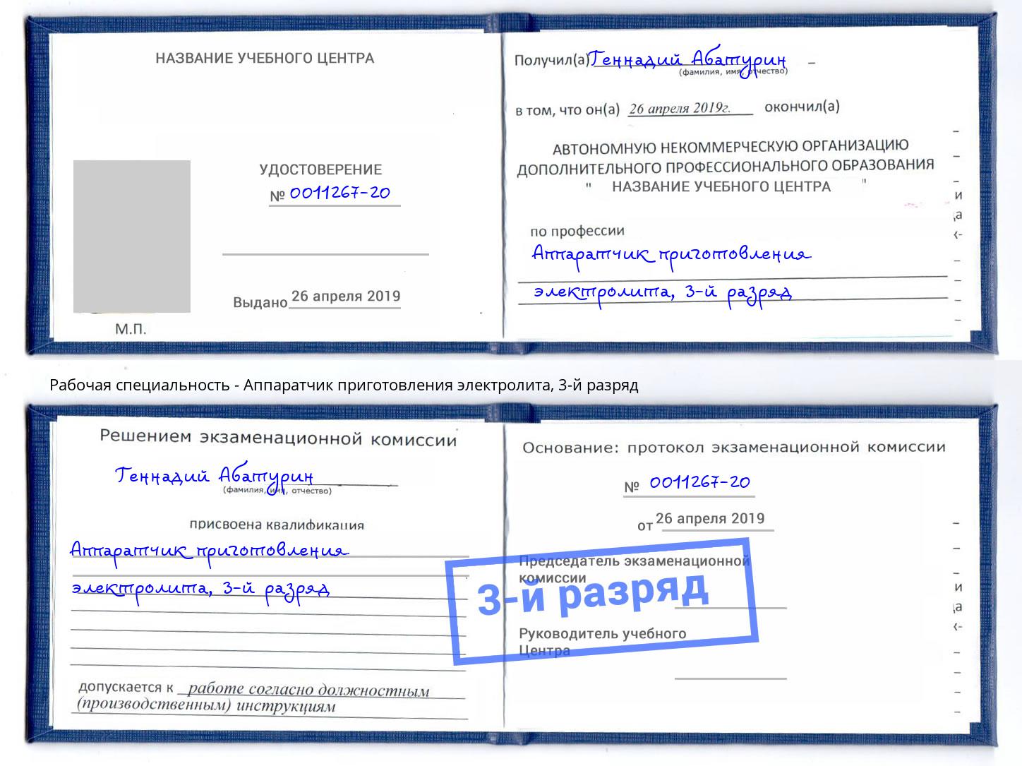 корочка 3-й разряд Аппаратчик приготовления электролита Краснотурьинск