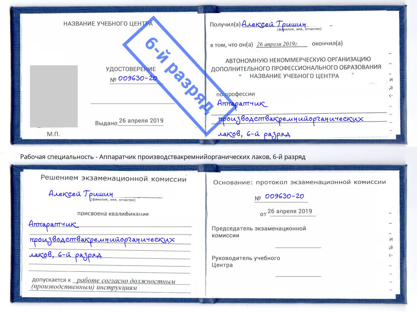 корочка 6-й разряд Аппаратчик производствакремнийорганических лаков Краснотурьинск